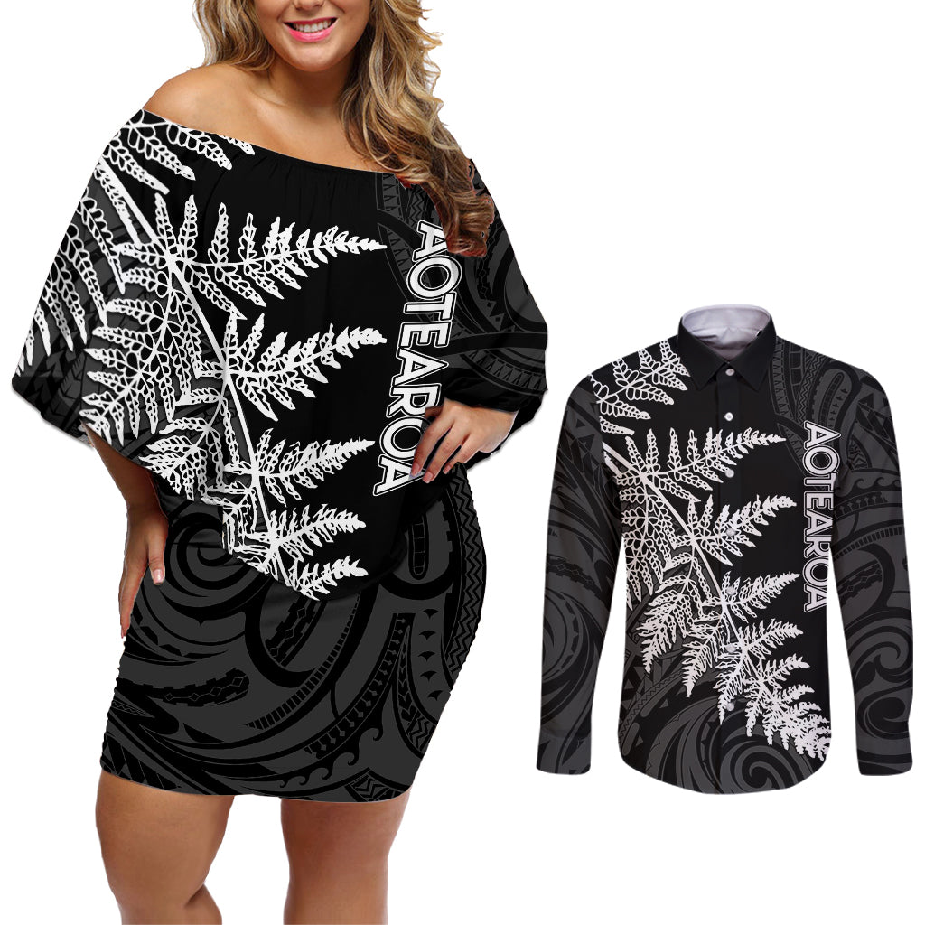 personalised-new-zealand-rugby-couples-matching-off-shoulder-short-dress-and-long-sleeve-button-shirts-world-cup-2023-silver-fern-champions