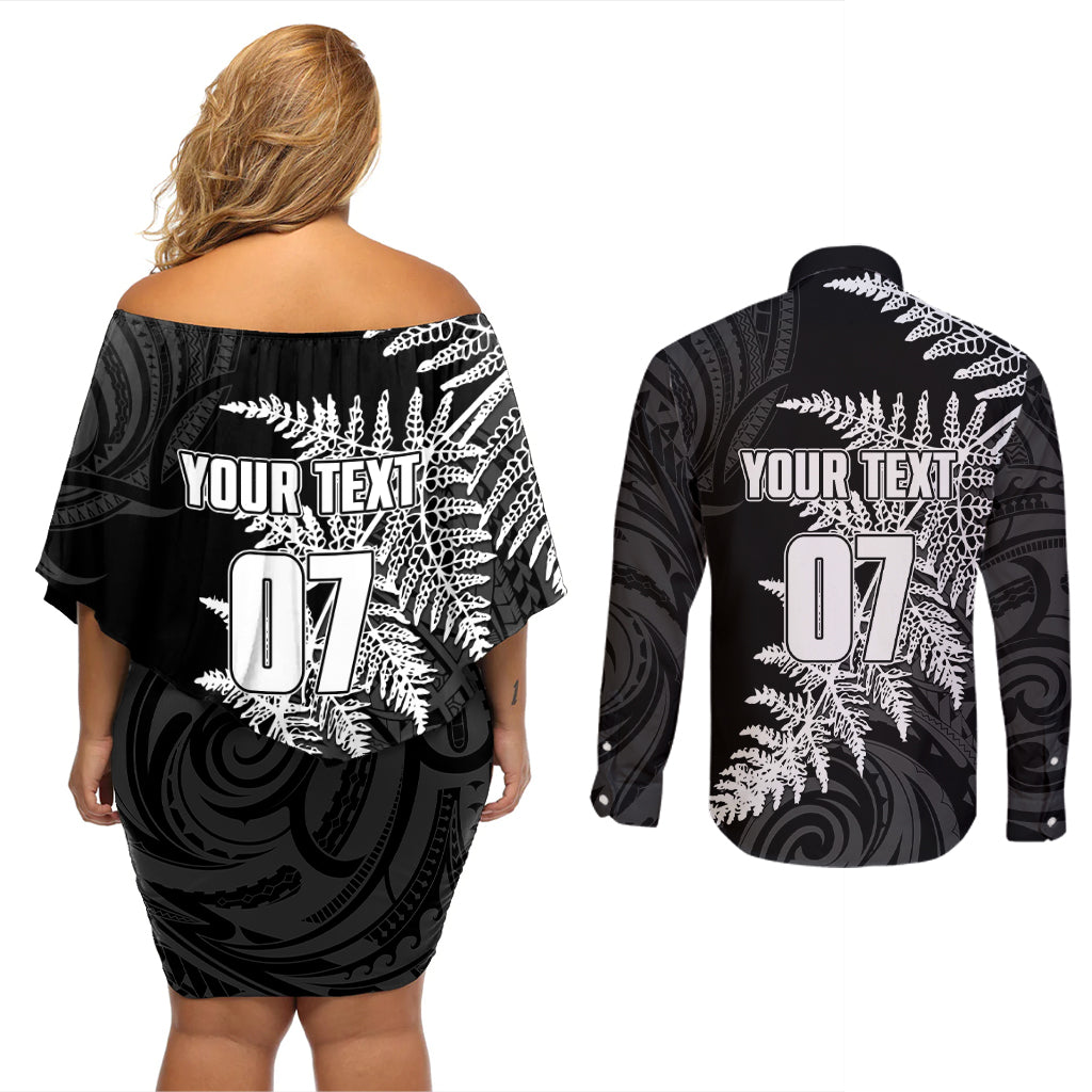 personalised-new-zealand-rugby-couples-matching-off-shoulder-short-dress-and-long-sleeve-button-shirts-world-cup-2023-silver-fern-champions