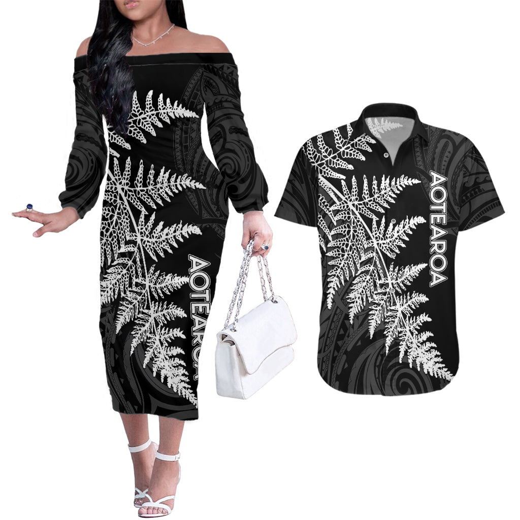 personalised-new-zealand-rugby-couples-matching-off-the-shoulder-long-sleeve-dress-and-hawaiian-shirt-world-cup-2023-silver-fern-champions