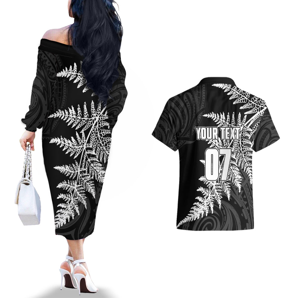 personalised-new-zealand-rugby-couples-matching-off-the-shoulder-long-sleeve-dress-and-hawaiian-shirt-world-cup-2023-silver-fern-champions