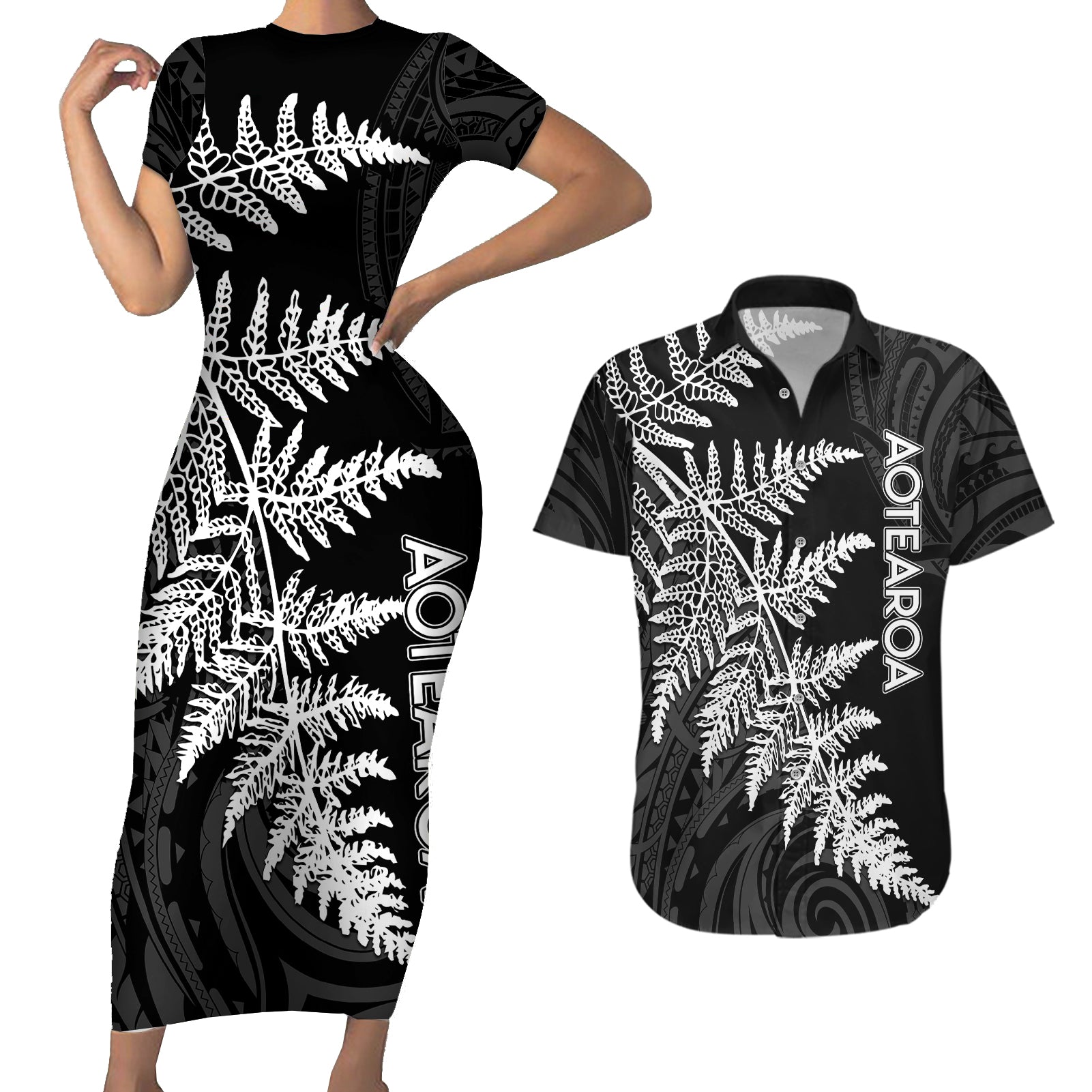 personalised-new-zealand-rugby-couples-matching-short-sleeve-bodycon-dress-and-hawaiian-shirt-world-cup-2023-silver-fern-champions