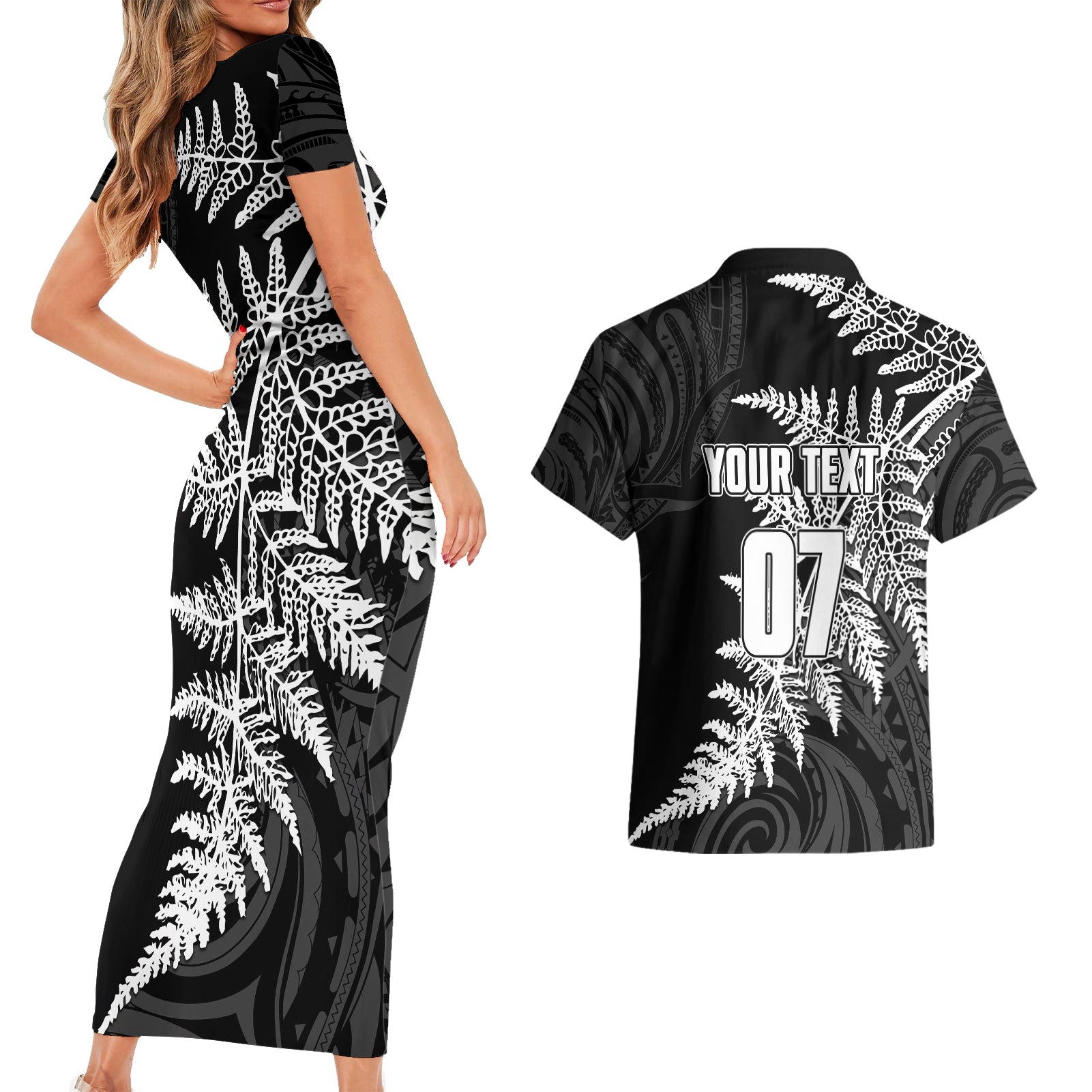 personalised-new-zealand-rugby-couples-matching-short-sleeve-bodycon-dress-and-hawaiian-shirt-world-cup-2023-silver-fern-champions