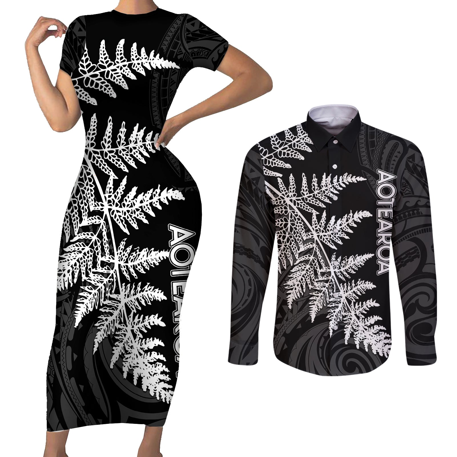personalised-new-zealand-rugby-couples-matching-short-sleeve-bodycon-dress-and-long-sleeve-button-shirts-world-cup-2023-silver-fern-champions