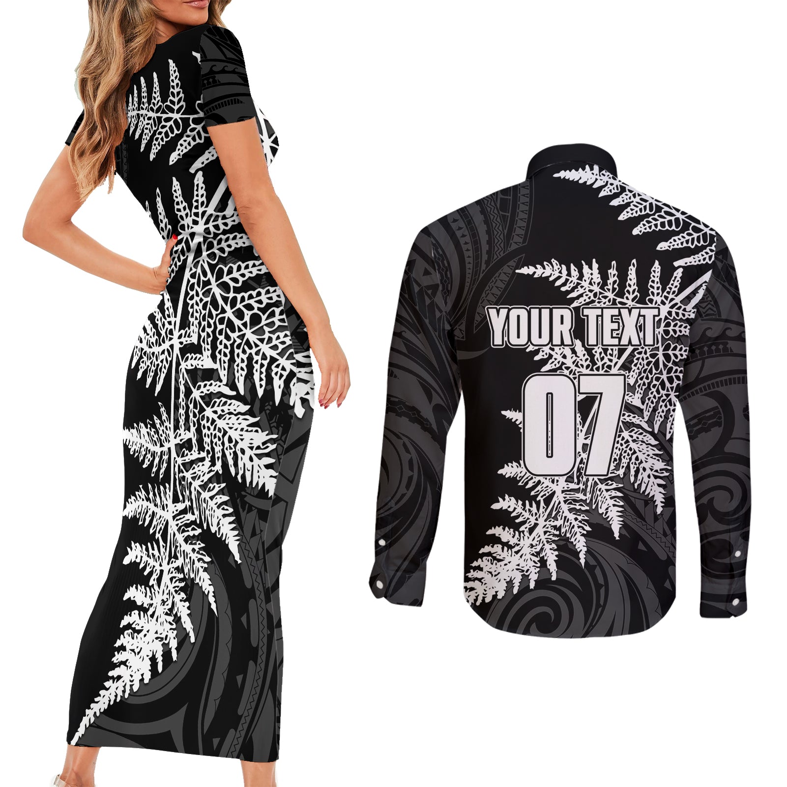 personalised-new-zealand-rugby-couples-matching-short-sleeve-bodycon-dress-and-long-sleeve-button-shirts-world-cup-2023-silver-fern-champions