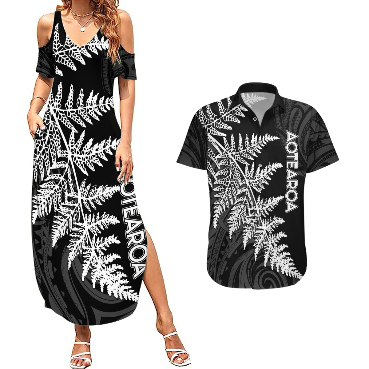 personalised-new-zealand-rugby-couples-matching-summer-maxi-dress-and-hawaiian-shirt-world-cup-2023-silver-fern-champions