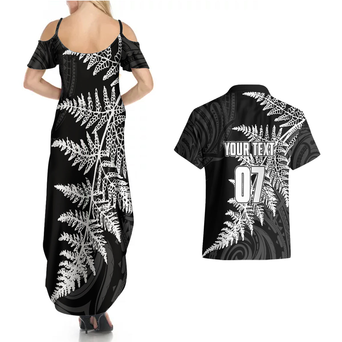 personalised-new-zealand-rugby-couples-matching-summer-maxi-dress-and-hawaiian-shirt-world-cup-2023-silver-fern-champions