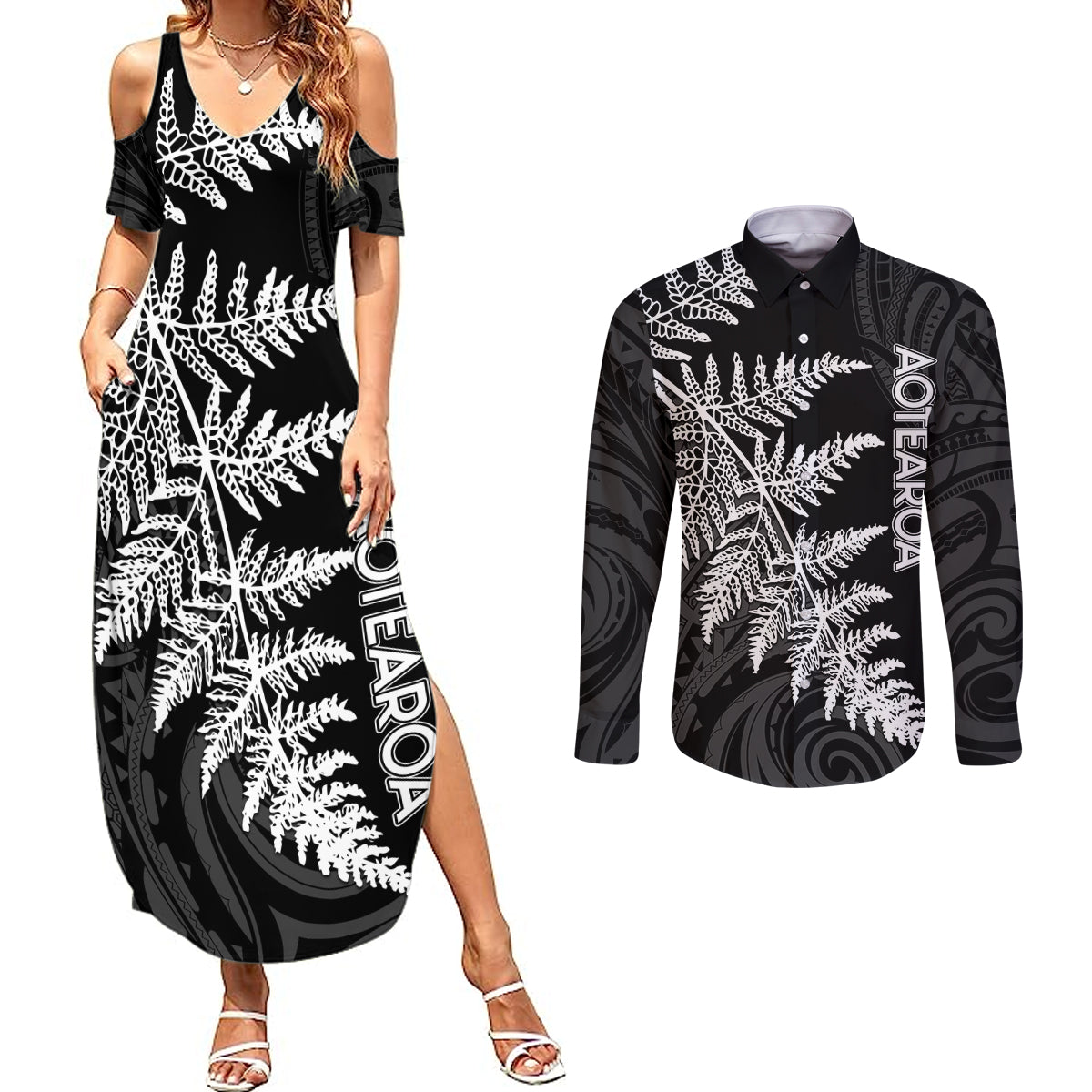 personalised-new-zealand-rugby-couples-matching-summer-maxi-dress-and-long-sleeve-button-shirts-world-cup-2023-silver-fern-champions