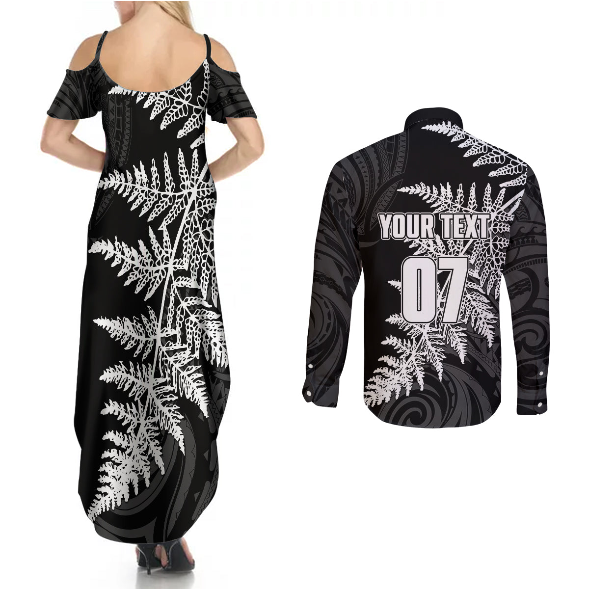 personalised-new-zealand-rugby-couples-matching-summer-maxi-dress-and-long-sleeve-button-shirts-world-cup-2023-silver-fern-champions