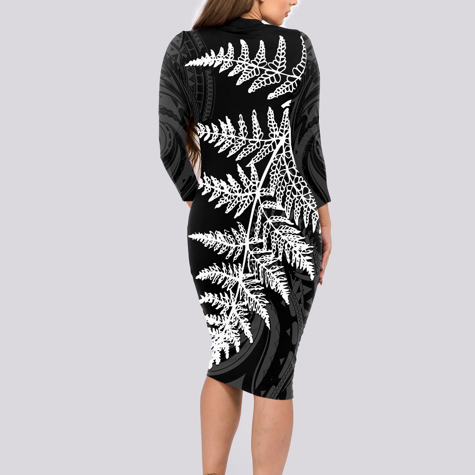 personalised-new-zealand-rugby-long-sleeve-bodycon-dress-world-cup-2023-silver-fern-champions