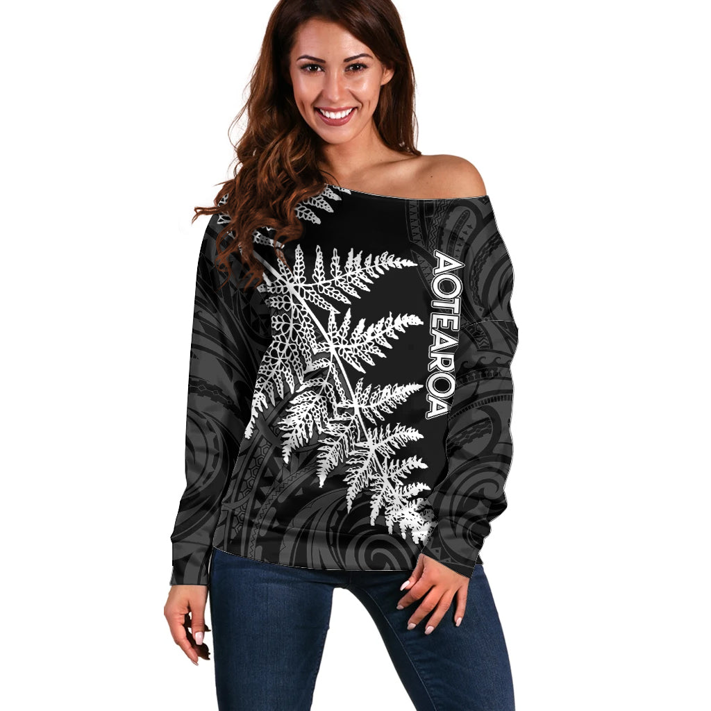 Personalised New Zealand Rugby Off Shoulder Sweater World Cup 2023 Silver Fern Champions - Vibe Hoodie Shop