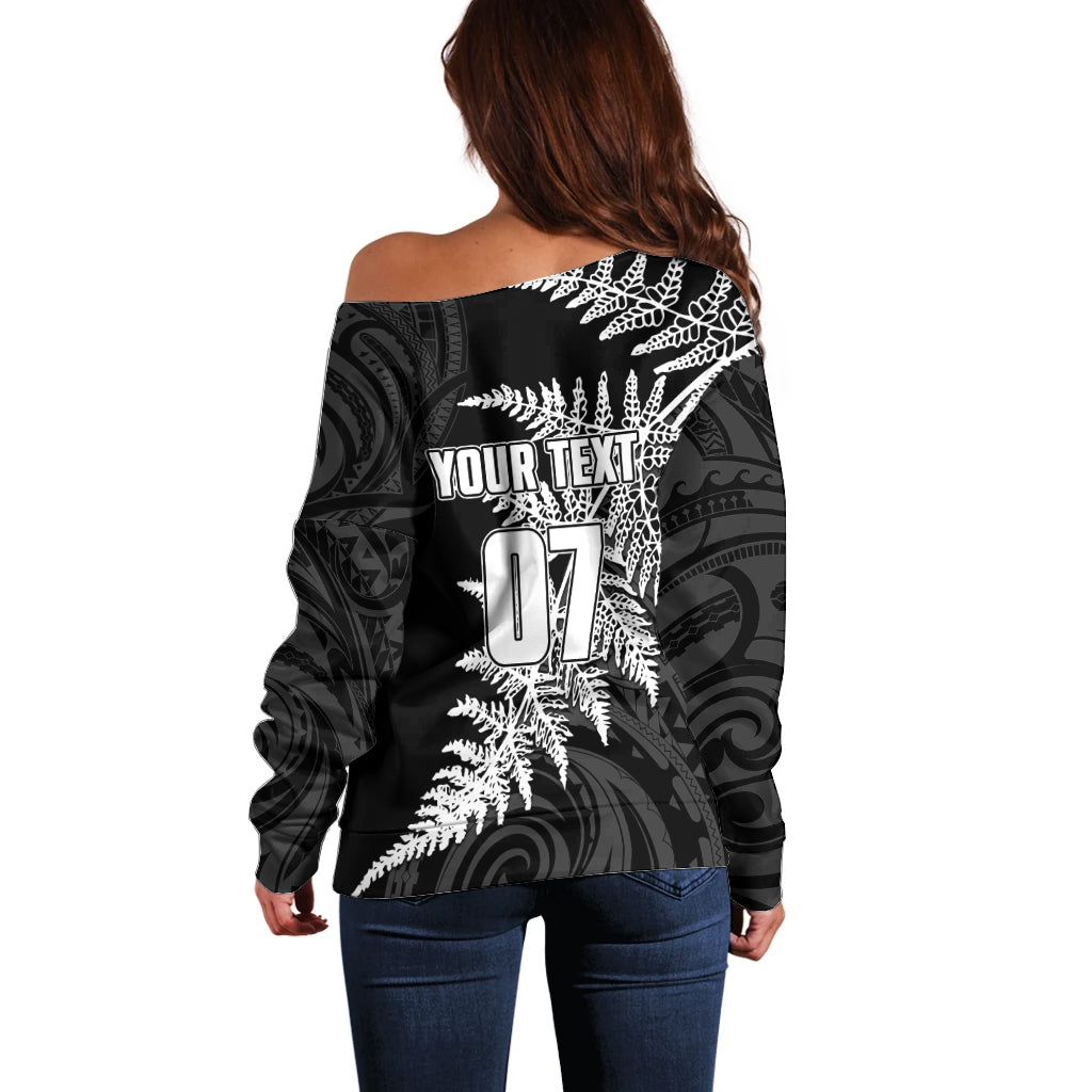 Personalised New Zealand Rugby Off Shoulder Sweater World Cup 2023 Silver Fern Champions - Vibe Hoodie Shop