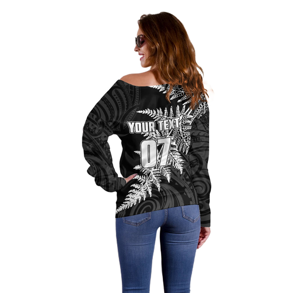 Personalised New Zealand Rugby Off Shoulder Sweater World Cup 2023 Silver Fern Champions - Vibe Hoodie Shop