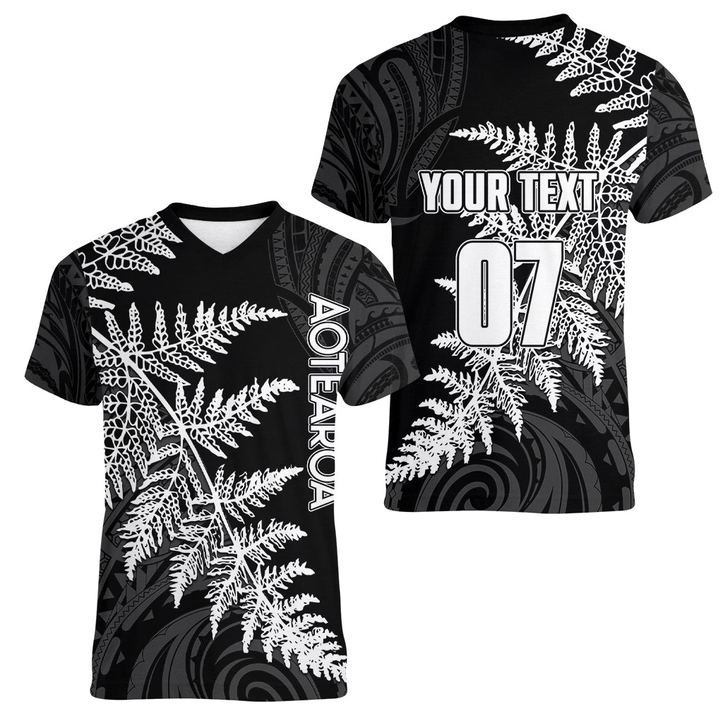 Personalised New Zealand Rugby Women V Neck T Shirt World Cup 2023 Silver Fern Champions - Vibe Hoodie Shop