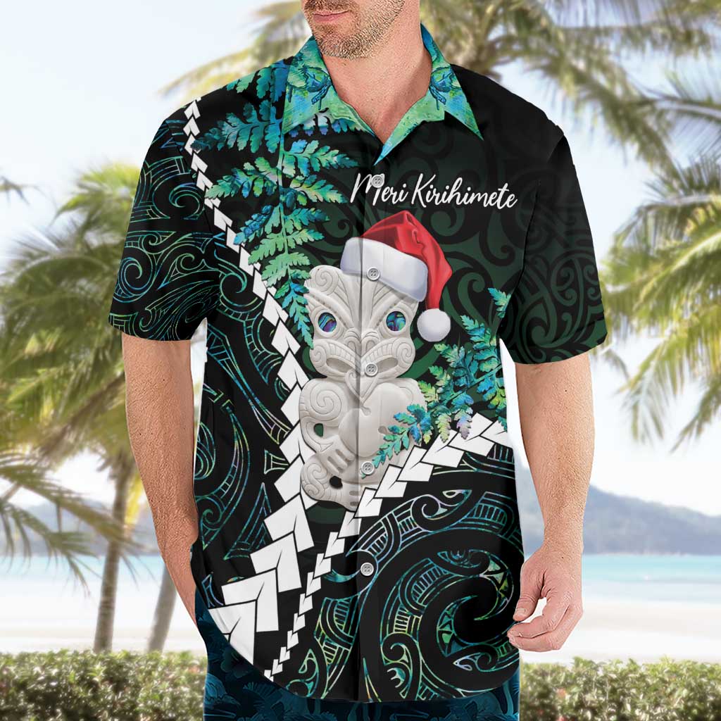 New Zealand Personalised Hawaiian Shirt Meri Kirihimete Kowhaiwhai Mix Paua Shell - Emerald - Vibe Hoodie Shop