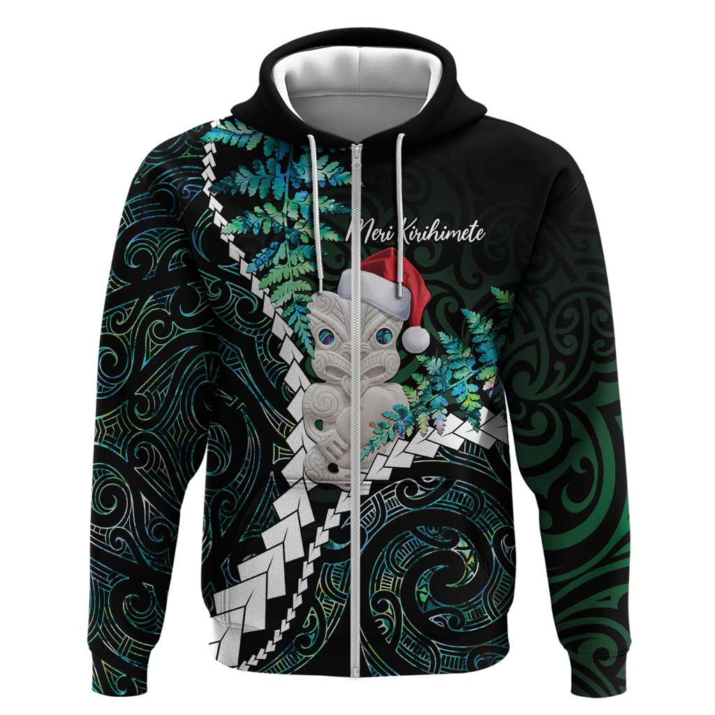 New Zealand Personalised Hoodie Meri Kirihimete Kowhaiwhai Mix Paua Shell - Emerald LT7 - Vibe Hoodie Shop