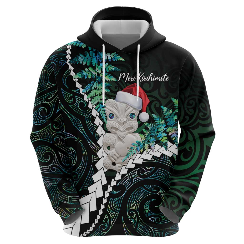 New Zealand Personalised Hoodie Meri Kirihimete Kowhaiwhai Mix Paua Shell - Emerald LT7 - Vibe Hoodie Shop