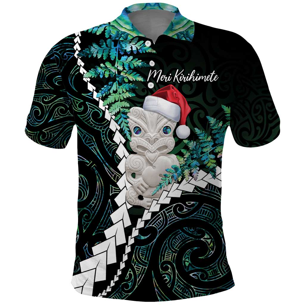 New Zealand Personalised Polo Shirt Meri Kirihimete Kowhaiwhai Mix Paua Shell - Emerald - Vibe Hoodie Shop
