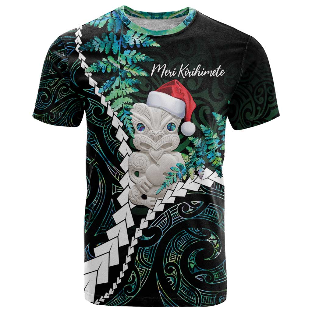 New Zealand Personalised T Shirt Meri Kirihimete Kowhaiwhai Mix Paua Shell - Emerald - Vibe Hoodie Shop