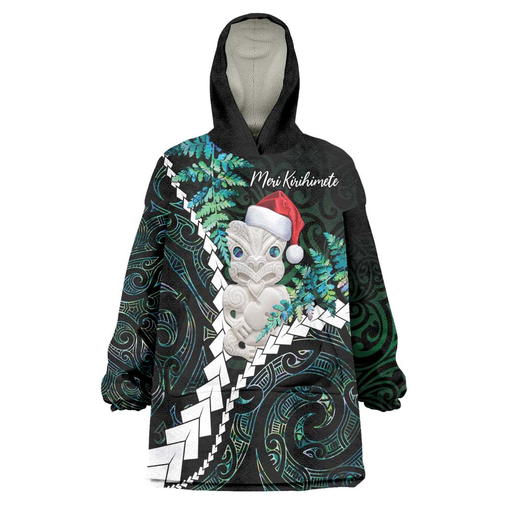 New Zealand Personalised Wearable Blanket Hoodie Meri Kirihimete Kowhaiwhai Mix Paua Shell - Emerald - Vibe Hoodie Shop