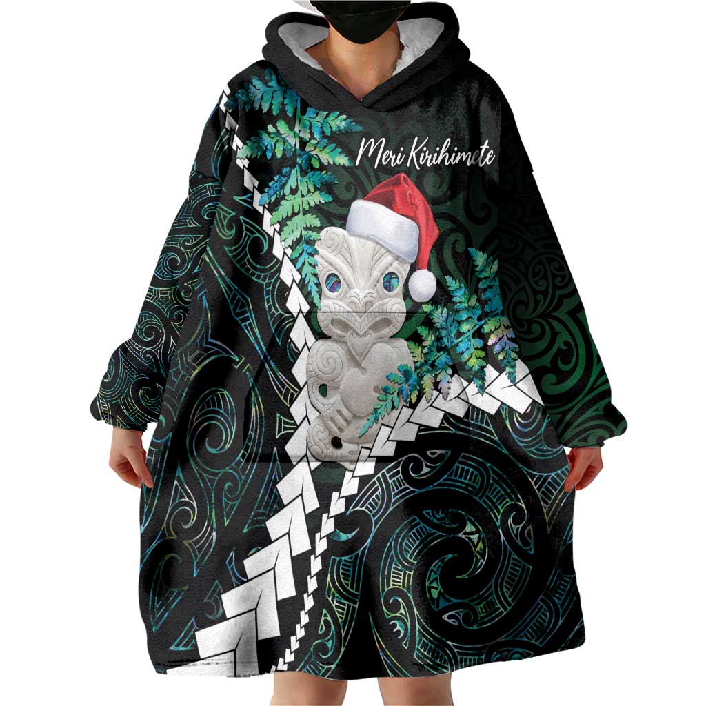 New Zealand Personalised Wearable Blanket Hoodie Meri Kirihimete Kowhaiwhai Mix Paua Shell - Emerald - Vibe Hoodie Shop