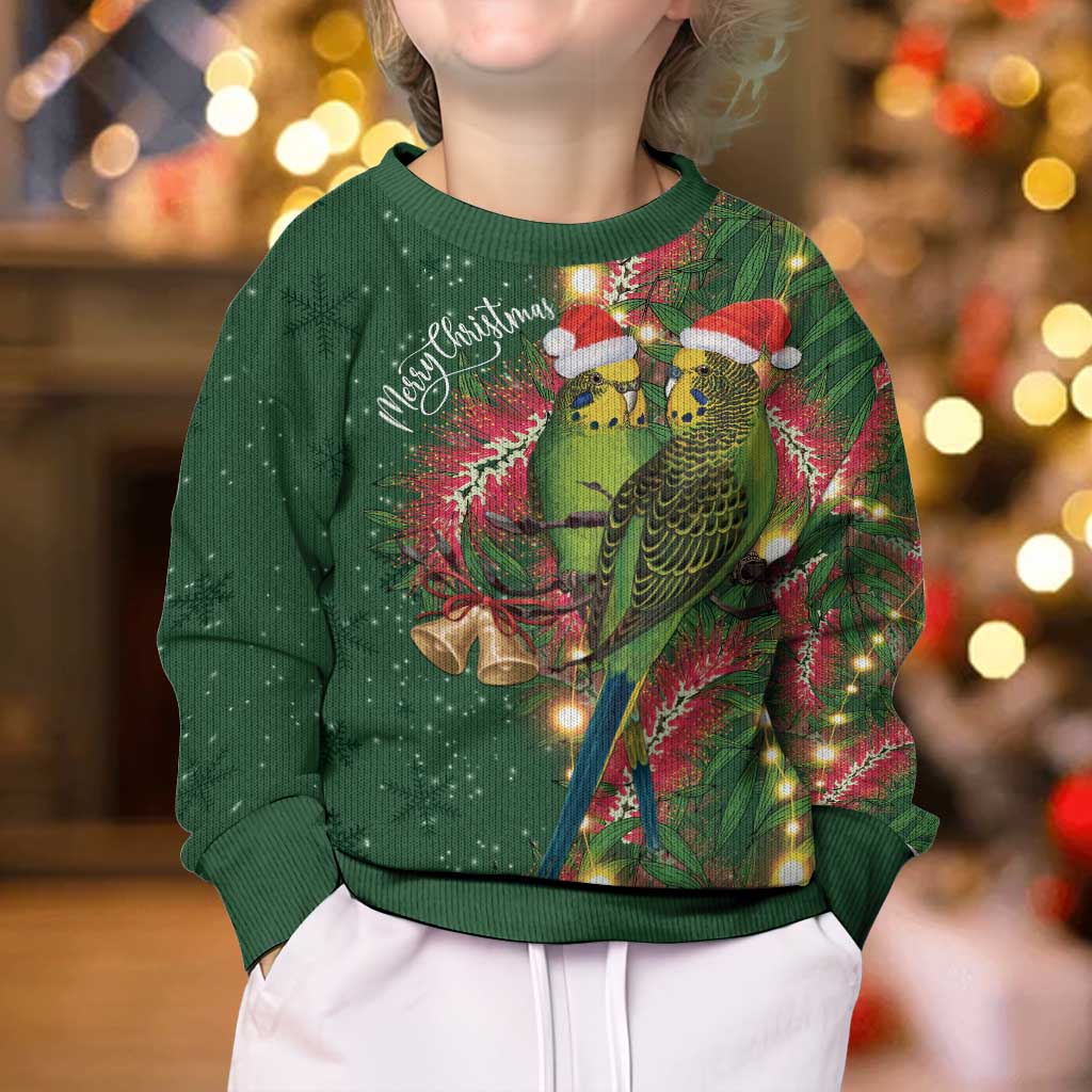 Green Budgerigars on Callistemon Merry Christmas Aussie Kid Ugly Christmas Sweater - Vibe Hoodie