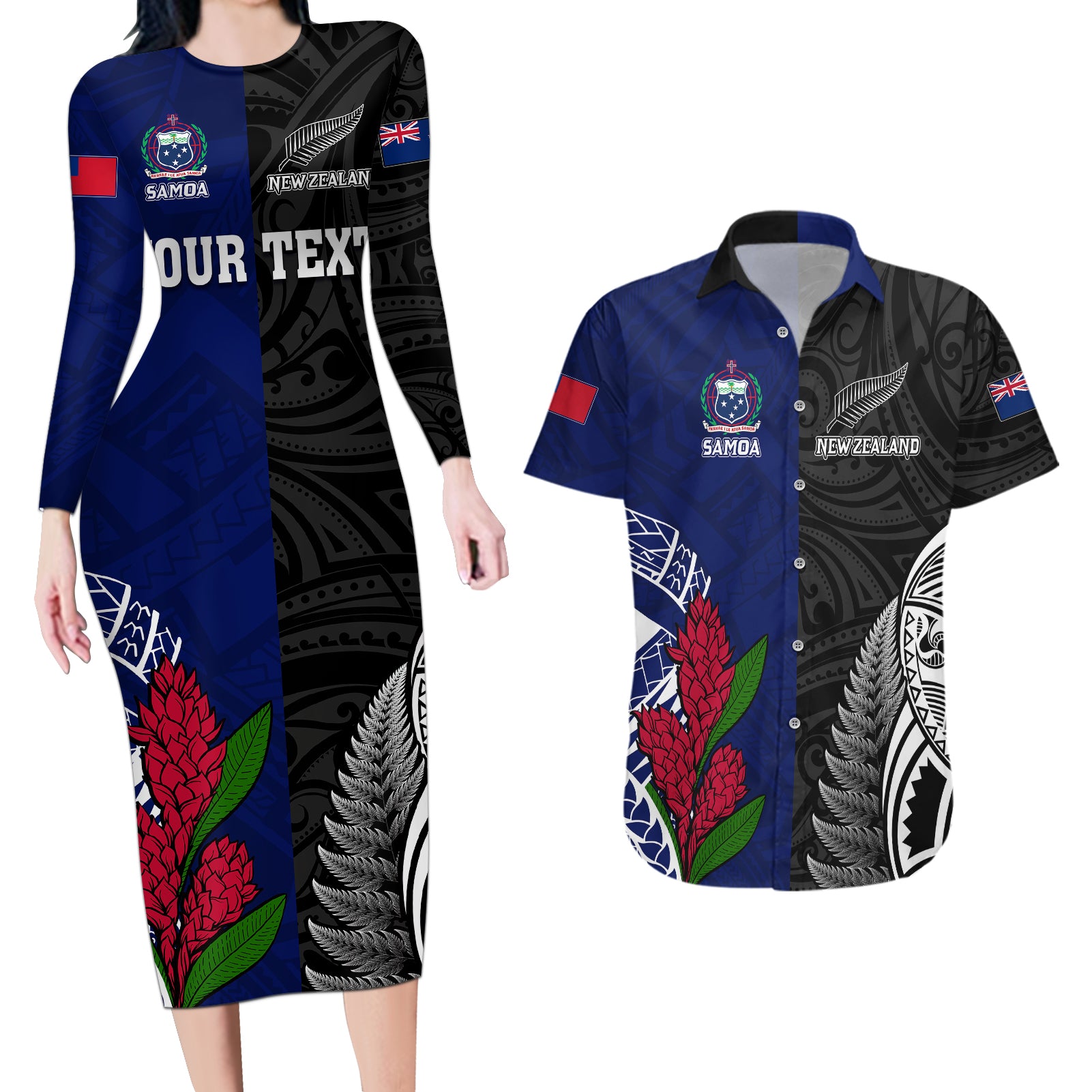 personalised-new-zealand-vs-samoa-rugby-couples-matching-long-sleeve-bodycon-dress-and-hawaiian-shirt-go-champions