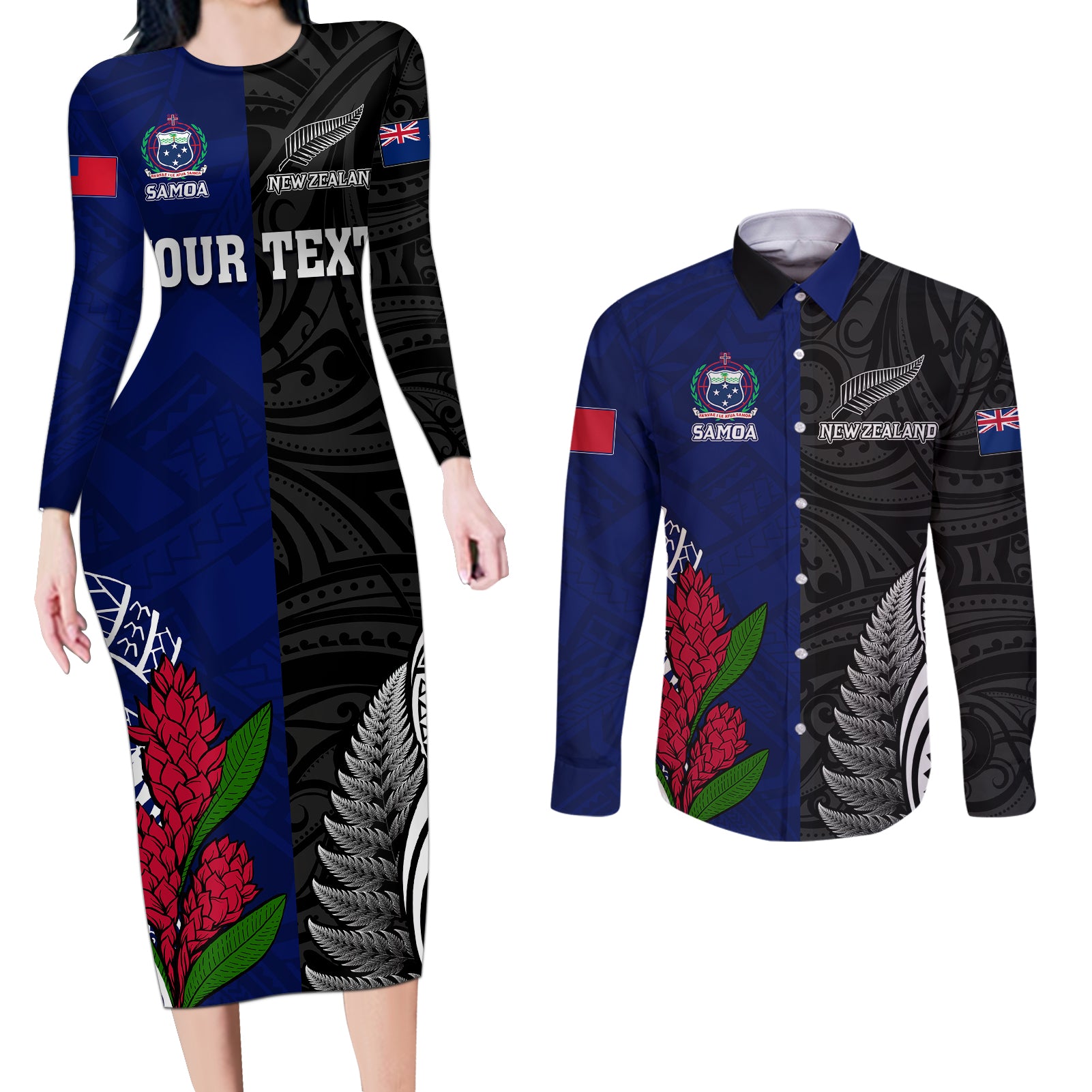 personalised-new-zealand-vs-samoa-rugby-couples-matching-long-sleeve-bodycon-dress-and-long-sleeve-button-shirts-go-champions