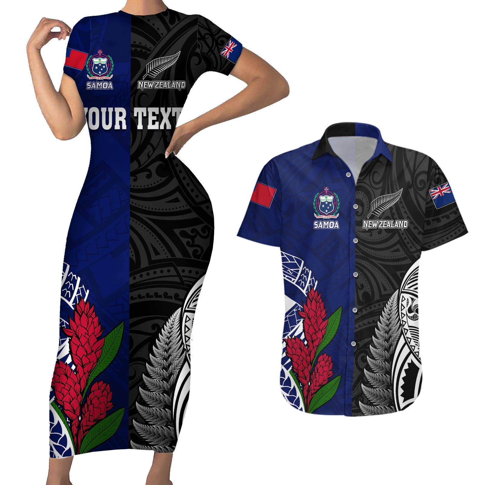 personalised-new-zealand-vs-samoa-rugby-couples-matching-short-sleeve-bodycon-dress-and-hawaiian-shirt-go-champions