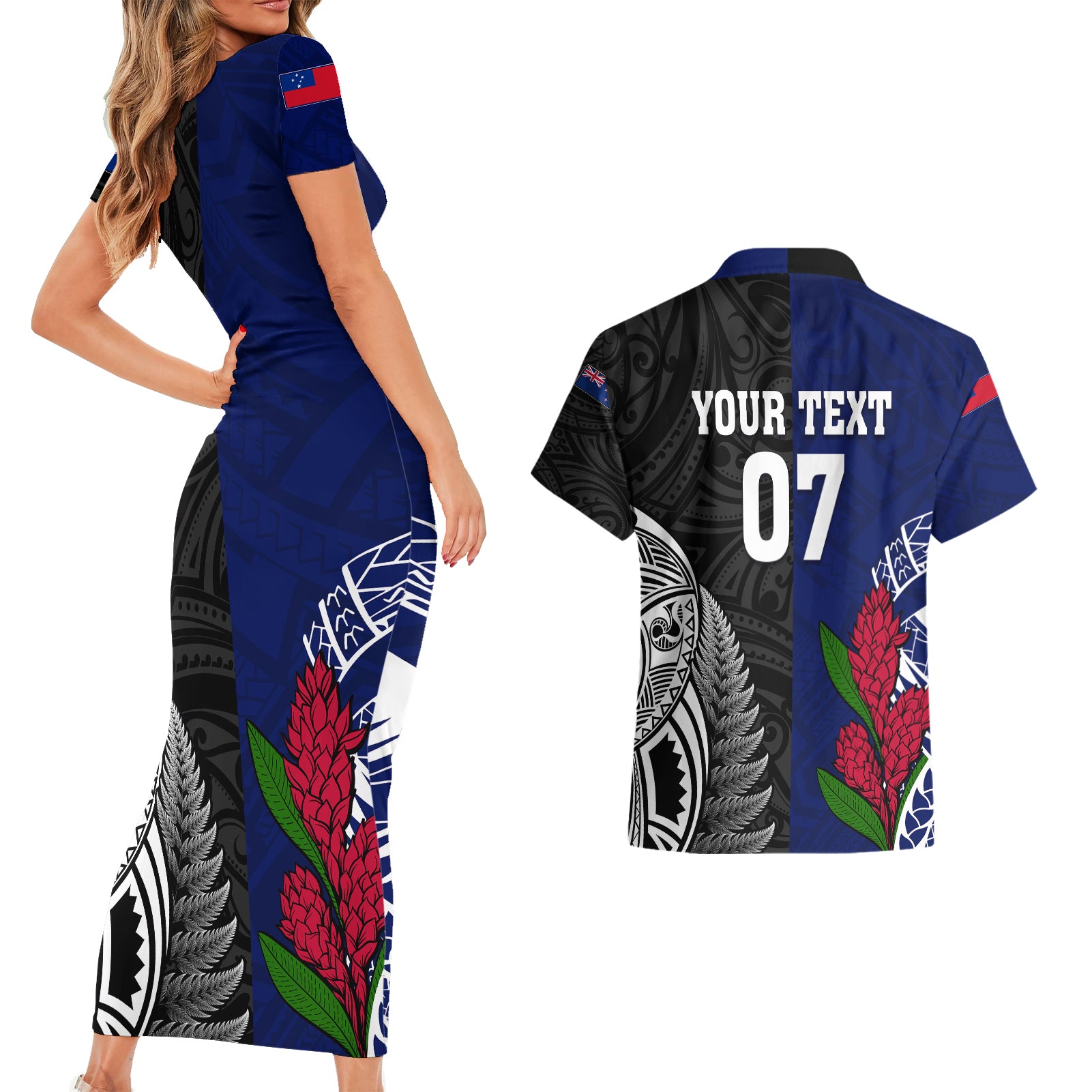 personalised-new-zealand-vs-samoa-rugby-couples-matching-short-sleeve-bodycon-dress-and-hawaiian-shirt-go-champions