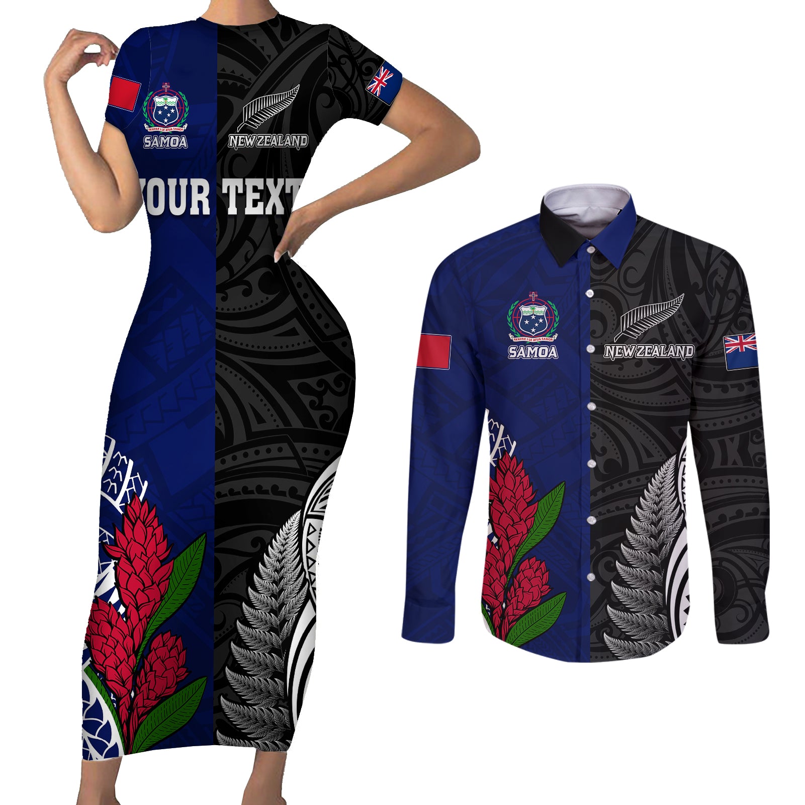 personalised-new-zealand-vs-samoa-rugby-couples-matching-short-sleeve-bodycon-dress-and-long-sleeve-button-shirts-go-champions