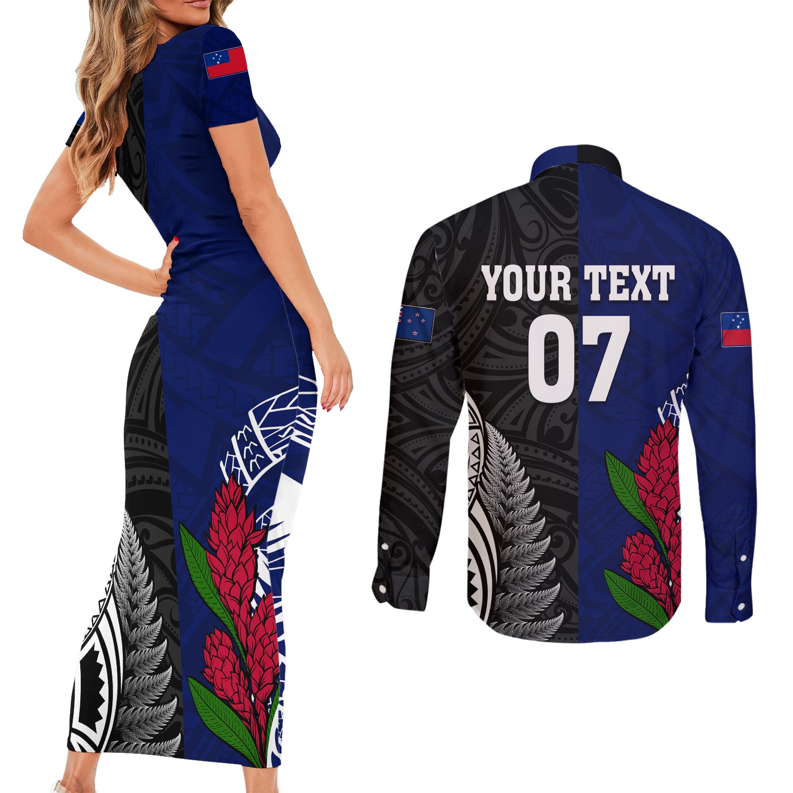 personalised-new-zealand-vs-samoa-rugby-couples-matching-short-sleeve-bodycon-dress-and-long-sleeve-button-shirts-go-champions