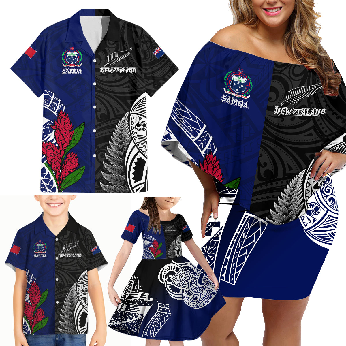 personalised-new-zealand-vs-samoa-rugby-family-matching-off-shoulder-short-dress-and-hawaiian-shirt-go-champions