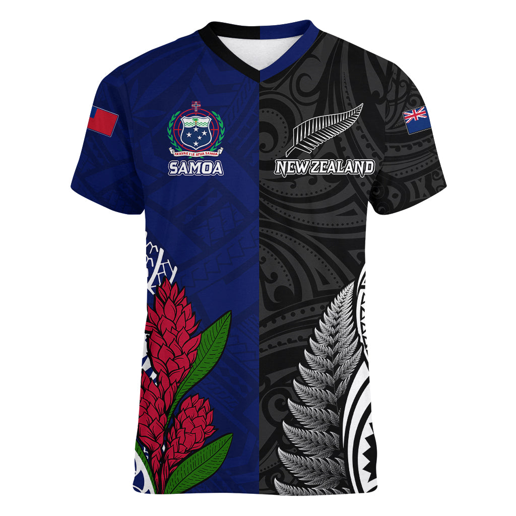 Personalised New Zealand Vs Samoa Rugby Women V Neck T Shirt Go Champions - Vibe Hoodie Shop