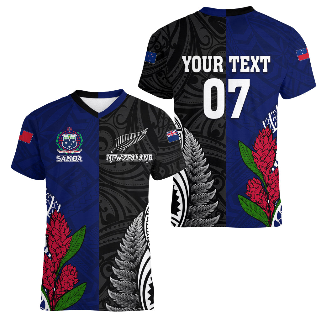 Personalised New Zealand Vs Samoa Rugby Women V Neck T Shirt Go Champions - Vibe Hoodie Shop