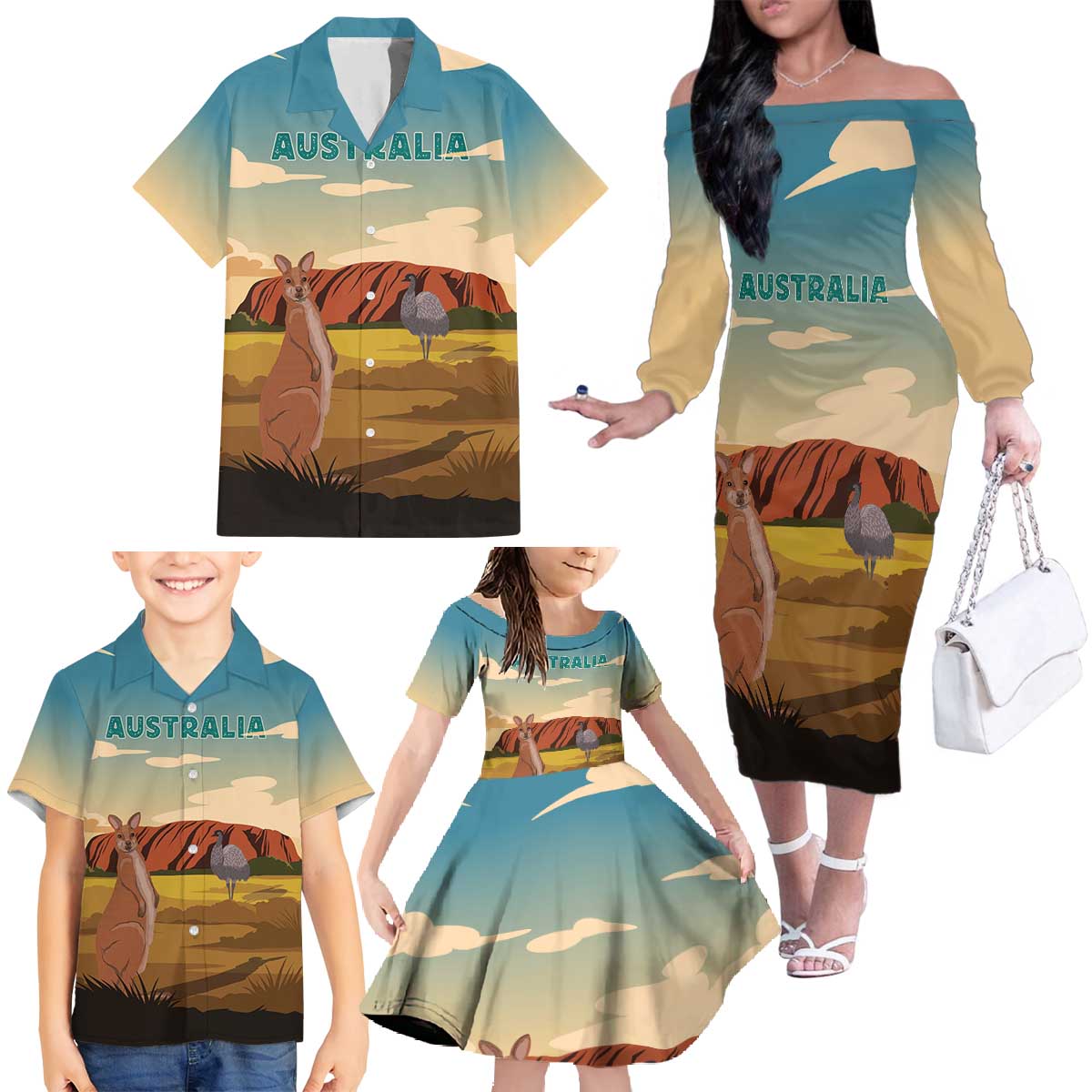 Australia Personalized Family Matching Off The Shoulder Long Sleeve Dress and Hawaiian Shirt Uluru Scenery