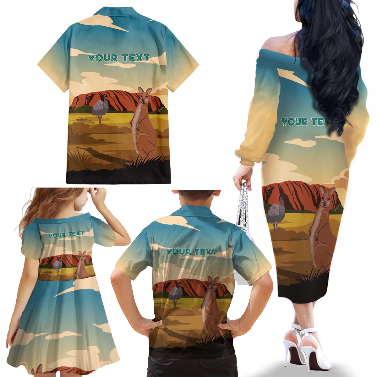 Australia Personalized Family Matching Off The Shoulder Long Sleeve Dress and Hawaiian Shirt Uluru Scenery