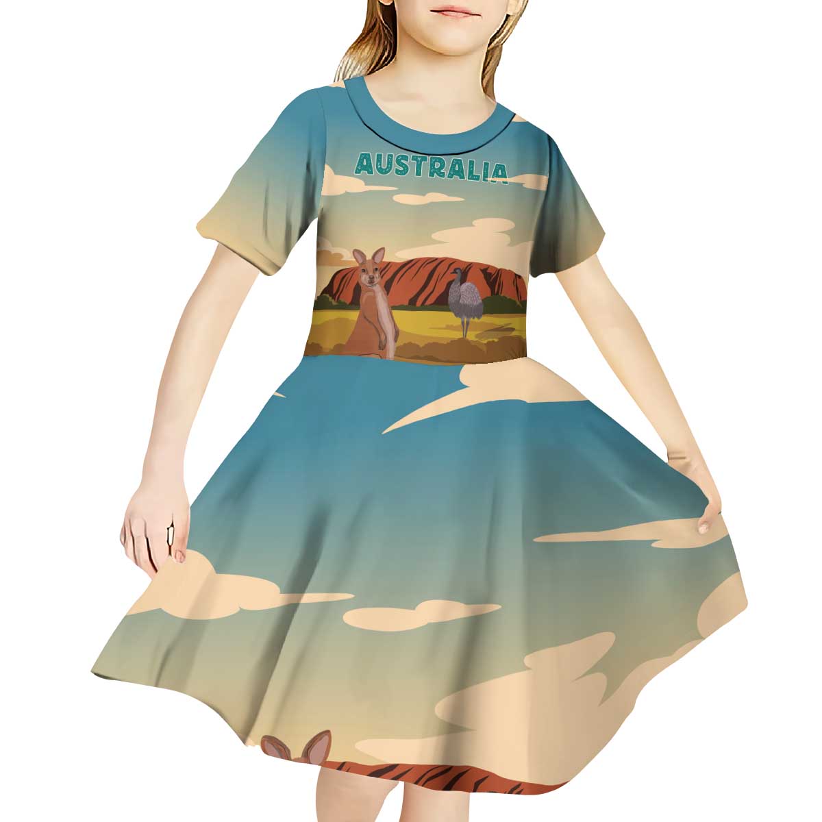 Australia Personalized Kid Short Sleeve Dress Uluru Scenery - Vibe Hoodie Shop