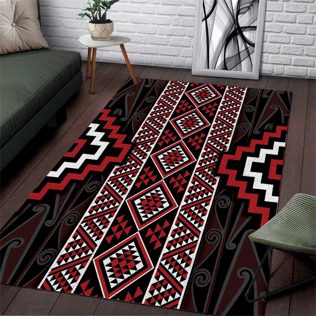 Red Tukutuku Pattern Aotearoa Area Rug Niho Taniwha and Puhoro Motifs - Vibe Hoodie Shop