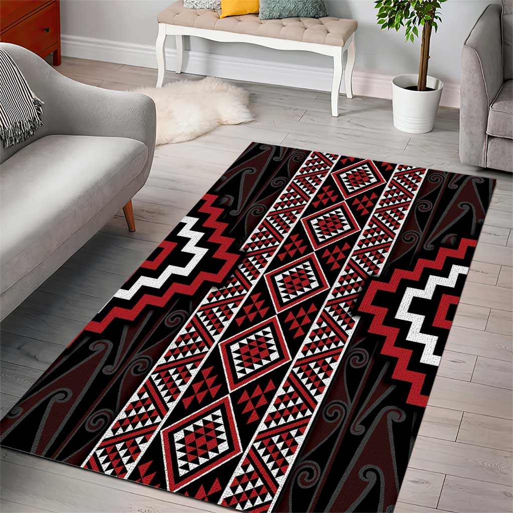 Red Tukutuku Pattern Aotearoa Area Rug Niho Taniwha and Puhoro Motifs - Vibe Hoodie Shop