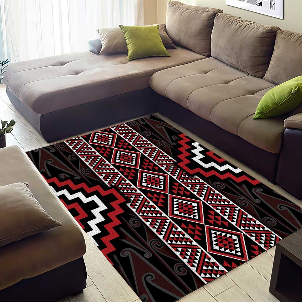 Red Tukutuku Pattern Aotearoa Area Rug Niho Taniwha and Puhoro Motifs - Vibe Hoodie Shop