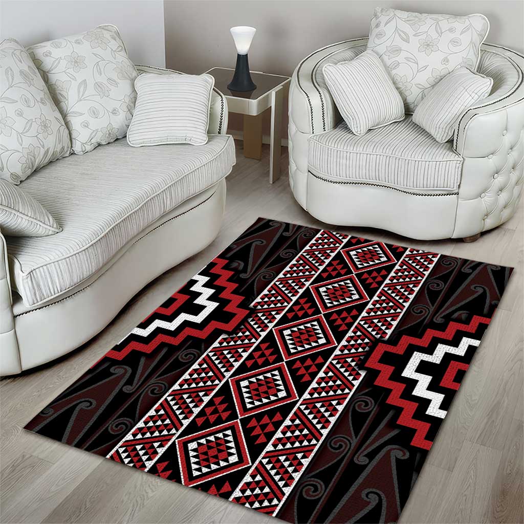 Red Tukutuku Pattern Aotearoa Area Rug Niho Taniwha and Puhoro Motifs - Vibe Hoodie Shop