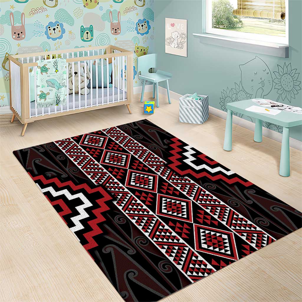 Red Tukutuku Pattern Aotearoa Area Rug Niho Taniwha and Puhoro Motifs - Vibe Hoodie Shop