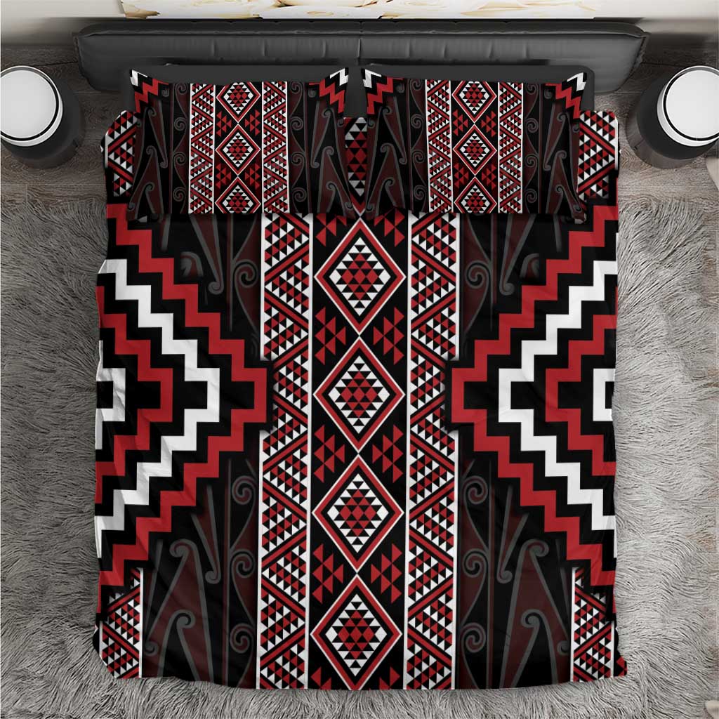 Red Tukutuku Pattern Aotearoa Bedding Set Niho Taniwha and Puhoro Motifs - Vibe Hoodie Shop