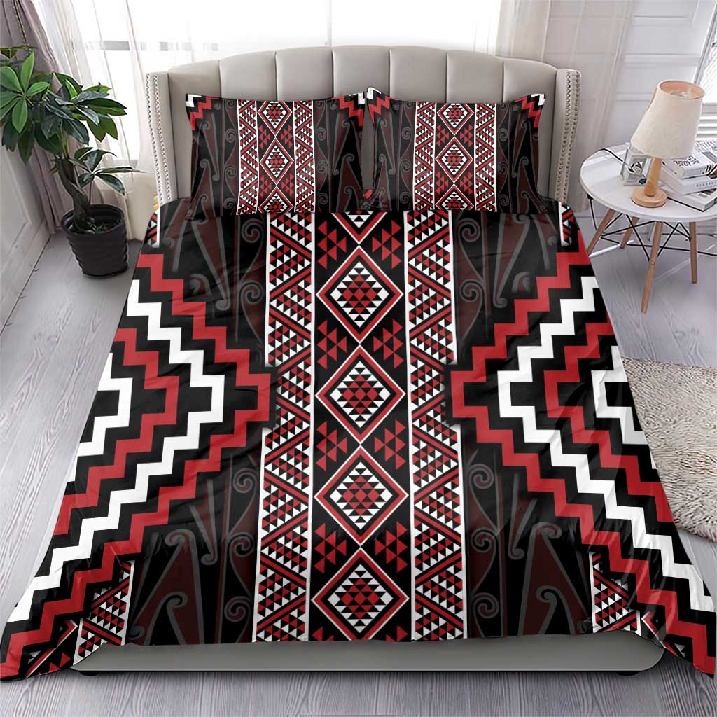 Red Tukutuku Pattern Aotearoa Bedding Set Niho Taniwha and Puhoro Motifs - Vibe Hoodie Shop