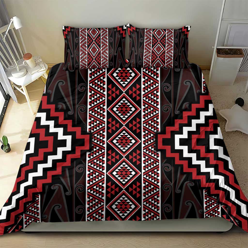 Red Tukutuku Pattern Aotearoa Bedding Set Niho Taniwha and Puhoro Motifs - Vibe Hoodie Shop
