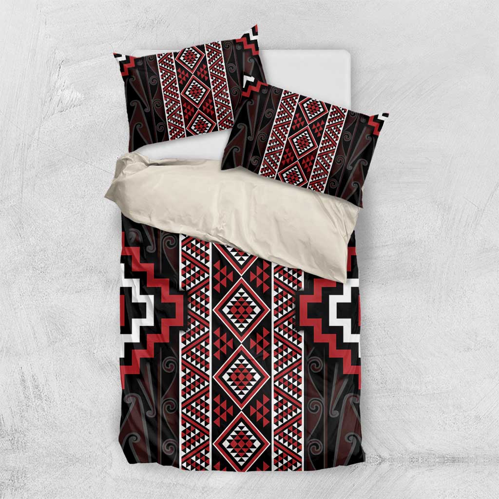 Red Tukutuku Pattern Aotearoa Bedding Set Niho Taniwha and Puhoro Motifs - Vibe Hoodie Shop
