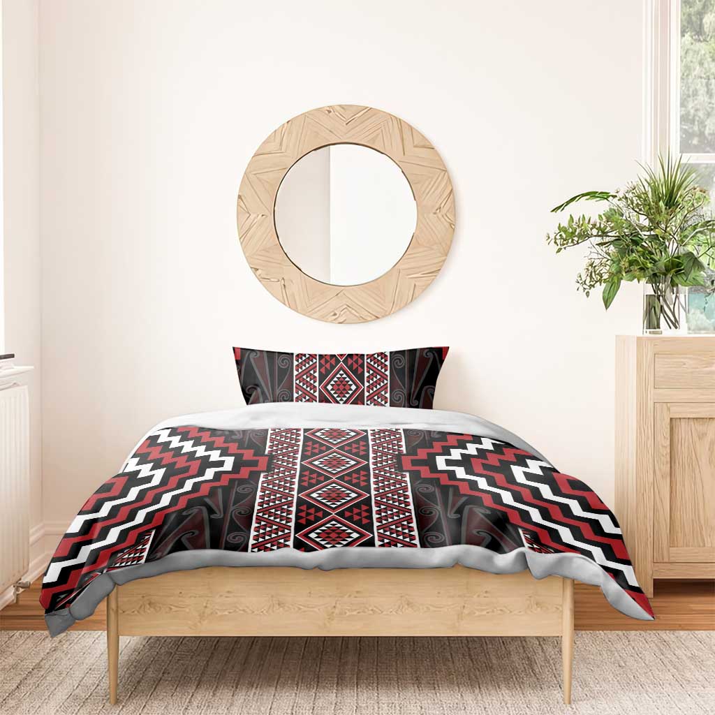 Red Tukutuku Pattern Aotearoa Bedding Set Niho Taniwha and Puhoro Motifs - Vibe Hoodie Shop