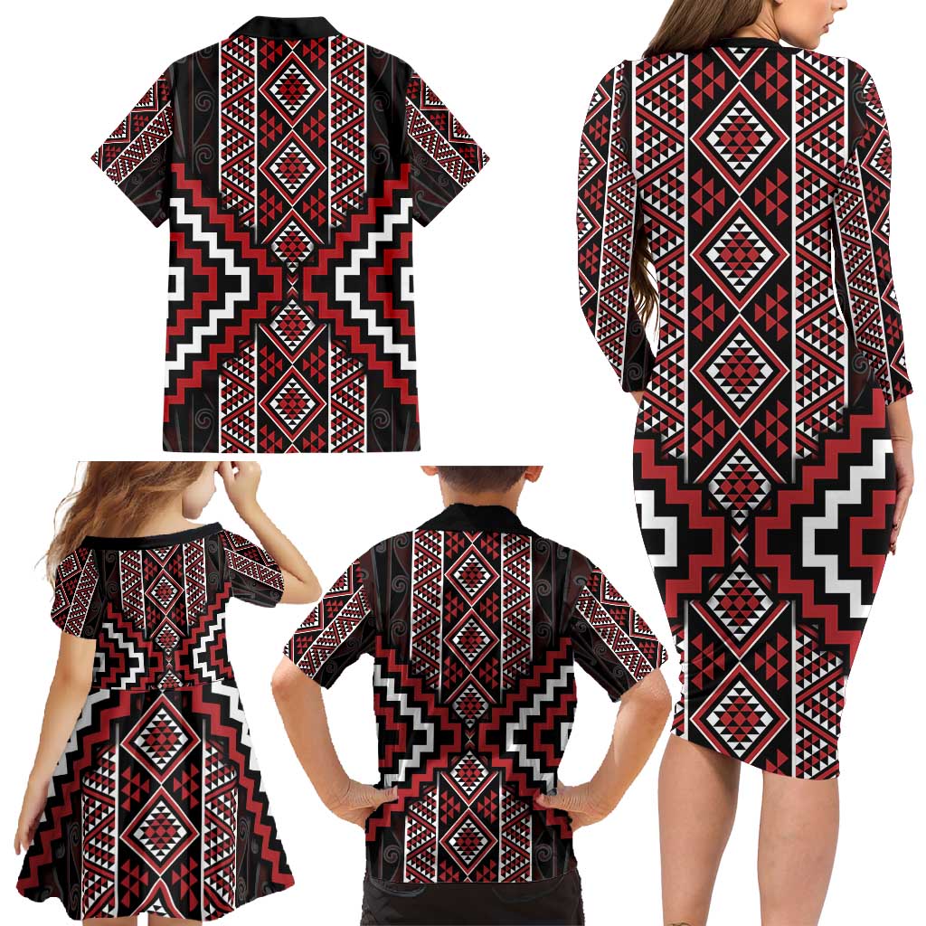 Red Tukutuku Pattern Aotearoa Family Matching Long Sleeve Bodycon Dress and Hawaiian Shirt Niho Taniwha and Puhoro Motifs