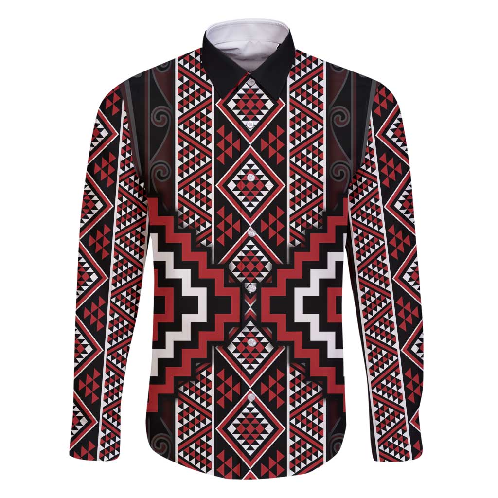 Red Tukutuku Pattern Aotearoa Family Matching Long Sleeve Bodycon Dress and Hawaiian Shirt Niho Taniwha and Puhoro Motifs