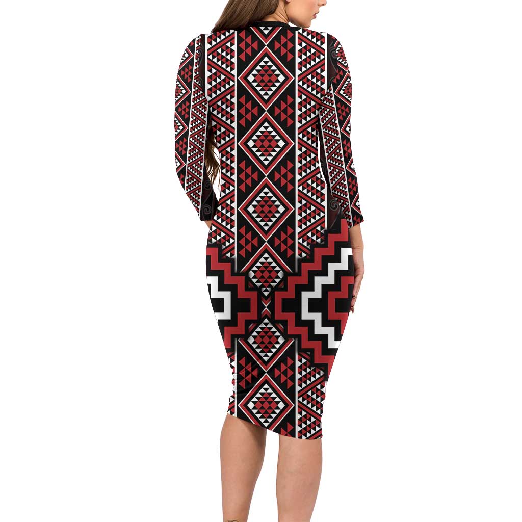 Red Tukutuku Pattern Aotearoa Family Matching Long Sleeve Bodycon Dress and Hawaiian Shirt Niho Taniwha and Puhoro Motifs